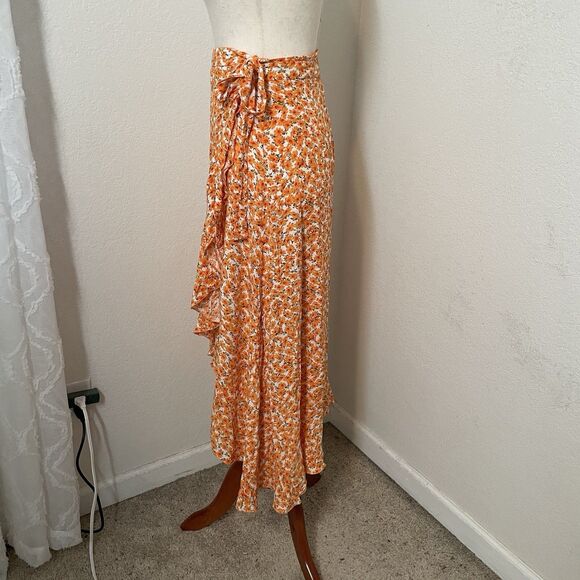 Simplee Boho Dixie Floral Wrap Skirt Ruffle Women Large Orange Flirty 90s Y2k - Picture 2 of 8